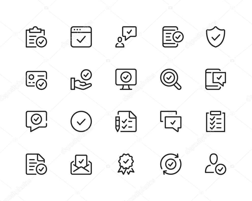 Approve line icons. Check mark, checkmark, tick. Outline symbols set. Thin line design graphic elements collection. Modern style concepts. Vector line icons set