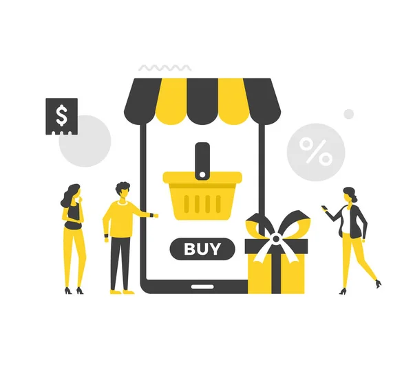 Compras Móveis Compras Online Ilustração Vetorial Plana Pessoas Telefone Celular — Vetor de Stock