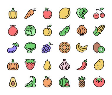 Sebzeler ve meyve ikonları. Vektör çizgisi simgeleri, modern renkli doğrusal tasarım grafik ögeleri, beyaz arkaplanda izole edilmiş ana simgeler