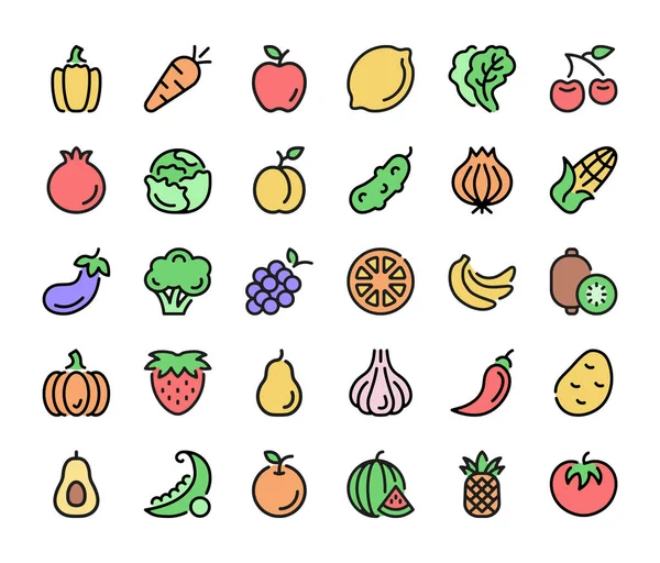 野菜や果物のアイコンを設定します ベクトルラインアイコン 現代的なカラフルな線形デザイングラフィック要素 白い背景に隔離されたアウトラインシンボル ストックベクター
