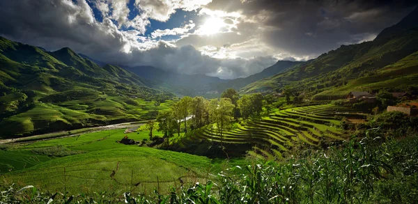 Pirinç terasları, yatay ve solnesny bir dağ nehir — Stok fotoğraf