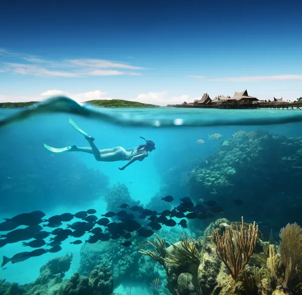 Jovem mulher snorkeling no recife de coral no mar tropical contra o pano de fundo das ilhas — Fotografia de Stock