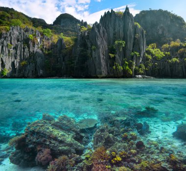 Photo of sharp cliffs and colorful coral reefs in the Philippine clipart