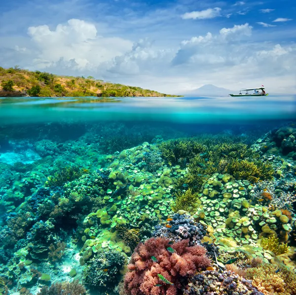 Bella barriera corallina su sfondo di cielo nuvoloso e vulcano . — Foto Stock