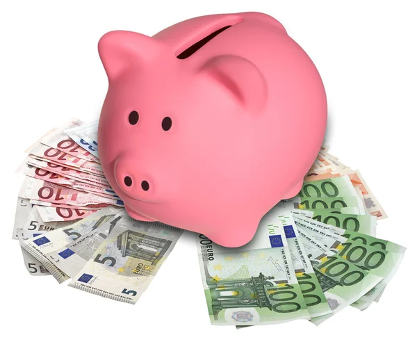Piggy Bank pada tumpukan uang kertas euro — Stok Foto