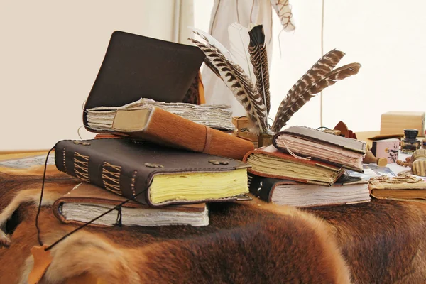 Old books and inkstand Stock Photo