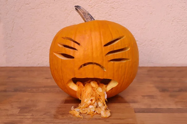 Halloween Funny Pumpkin Wooden Table — Stock Photo, Image