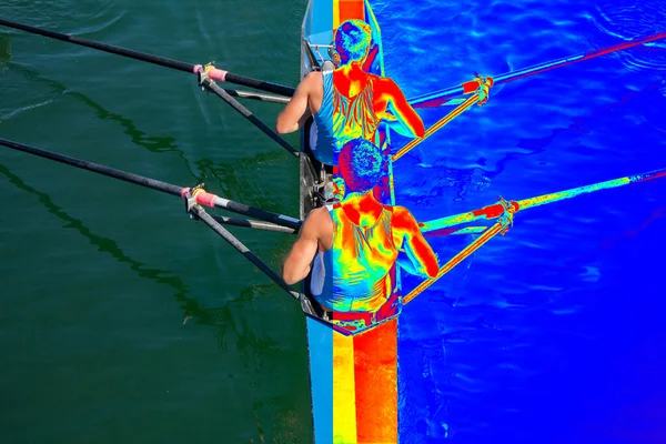 Real Thermal Image Two Rowers Boat Rowing Tranquil Lake Royalty Free Stock Photos