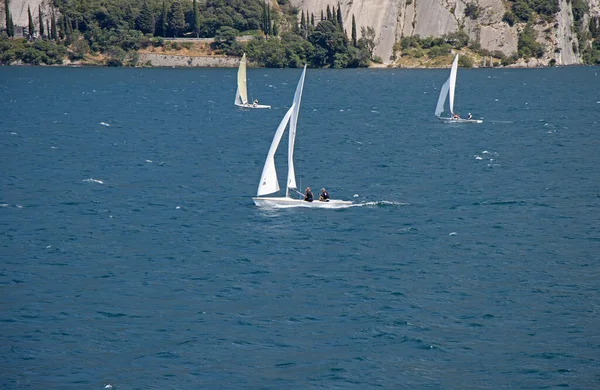 Маленькі Вітрильники Пливуть Озері Лаго Гарда Італії — стокове фото