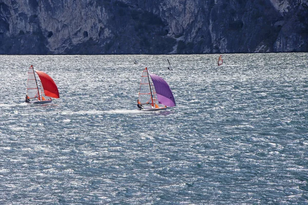 Små Segelbåtar Seglar Sjön Lago Garda Italien — Stockfoto