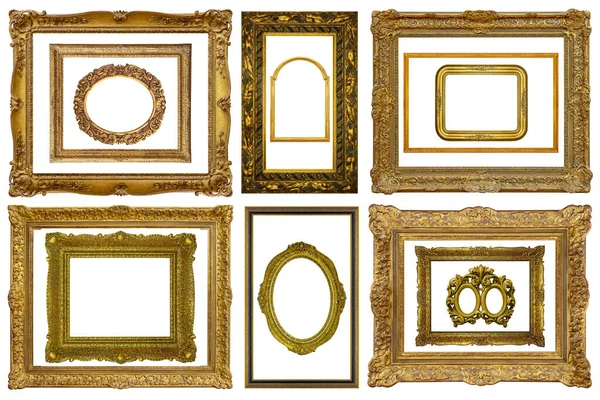 Conjunto Várias Molduras Decorativas Vintage Douradas Madeira Dourada Isoladas Fundo — Fotografia de Stock