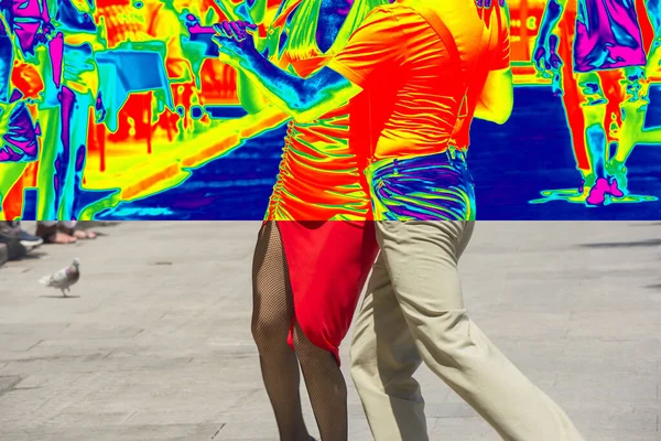 Θερμική Και Πραγματική Εικόνα Των Χορευτών Δρόμου Εκτελεί Tang — Φωτογραφία Αρχείου