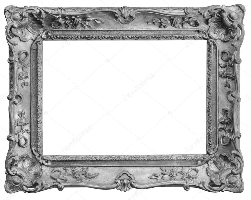 Old rectangular vintage wooden old silver-plated frame, isolated on white background, with cliping path