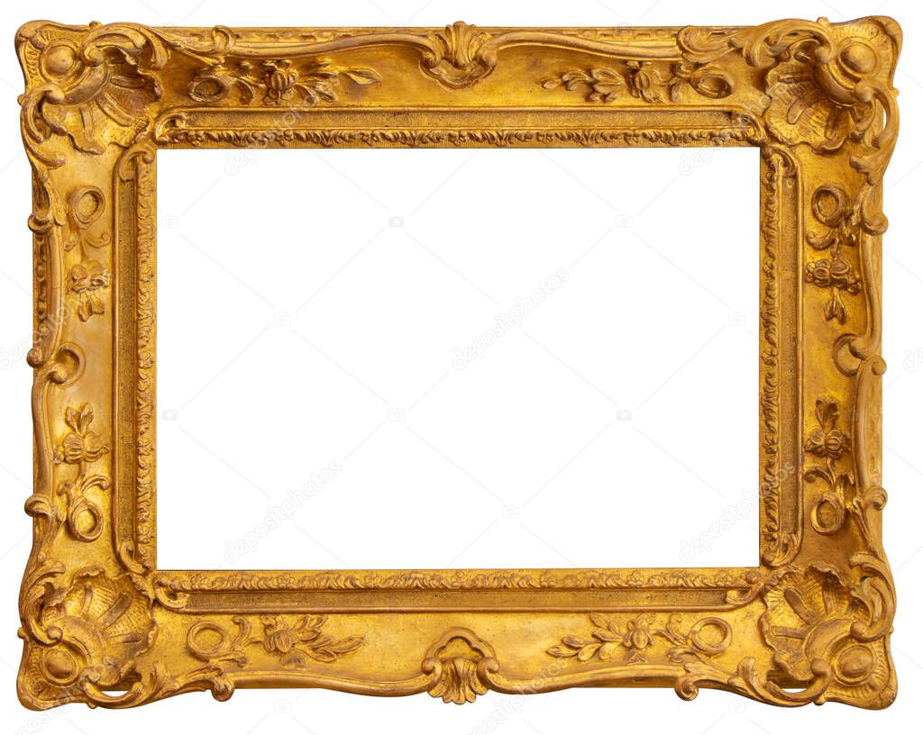 Old rectangular vintage wooden old golden frame, isolated on white background, with cliping path