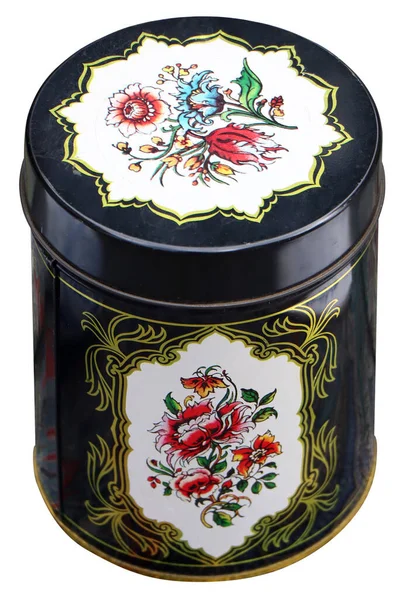 Old Black Vintage Tin Box Decorated Flower — Photo