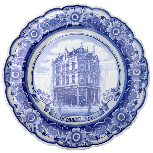 Old Blue White Ceramic Plates Traditional Dutch Landscape Canals Boats — Foto de Stock