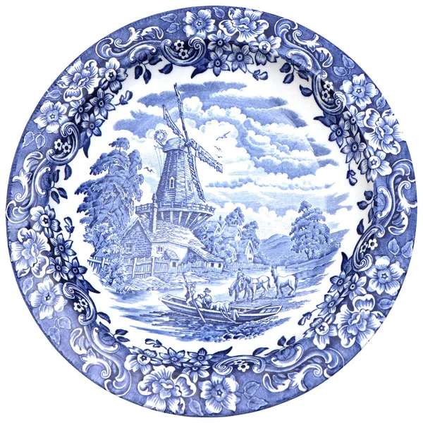 Old Blue White Ceramic Plates Traditional Dutch Landscape Canals Boats — Stok fotoğraf