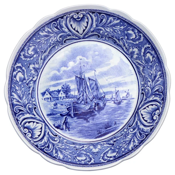 Old Blue White Ceramic Plate Dutch Motifs Souveni — Zdjęcie stockowe