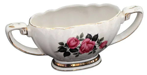 Ceramic Bowl Two Handles Decorated Flower — Zdjęcie stockowe