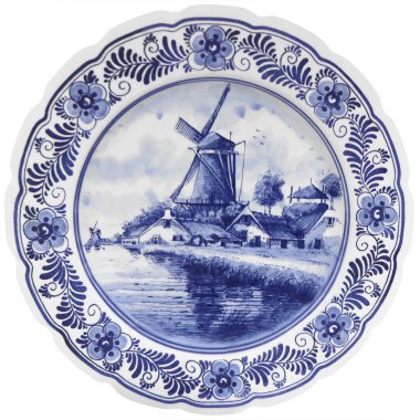 Hatıra olarak Hollanda motifleri ile eski mavi ve beyaz seramik tabak