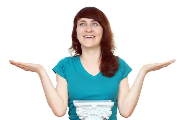 Junge Frau - offene Hand - Säule auf weißem Hintergrund — Stockfoto