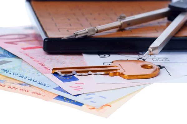 Bruin rekenmachine, kompas, sleutel en euromoney, bill — Stockfoto