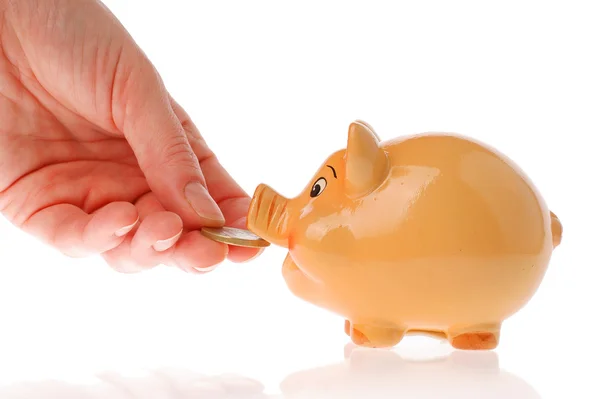 Piggy bank, hand en euro valuta op wit — Stockfoto