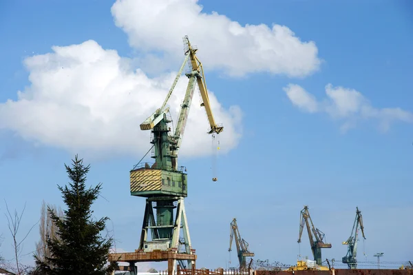 Γερανοί σε έναν εμπορευμάτων ναυτιλία por, μπλε ουρανό — Φωτογραφία Αρχείου