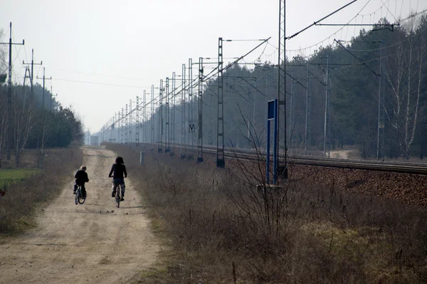 在道路上骑自行车的母亲和儿子 — 图库照片