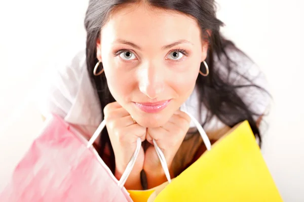 Hermosa mujer de compras feliz celebración de bolsas —  Fotos de Stock