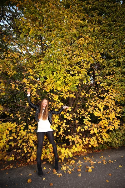 Kadın kız portret sonbahar yaprak yeşil duvar — Stok fotoğraf
