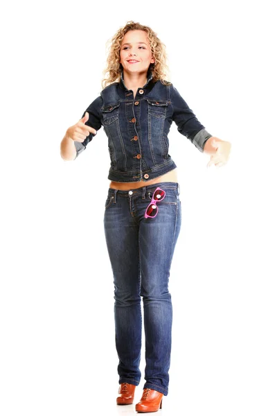 Beautiful young woman blonde standing full body in jeans isolate — Stock Photo, Image