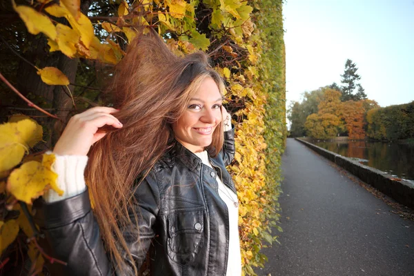 Mujer chica portret en otoño verde hoja pared —  Fotos de Stock