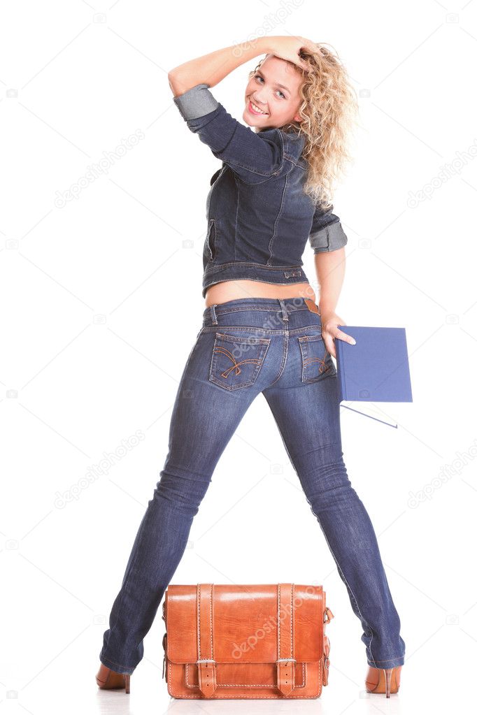 Schöne Junge Frau Blonde Stehend Ganzkörper In Jeans Isoliert — Stockfoto © Voyagerix 14855257 