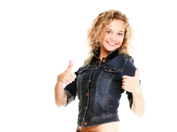 Beautiful young woman blonde in jeans isolated — Stock Photo, Image