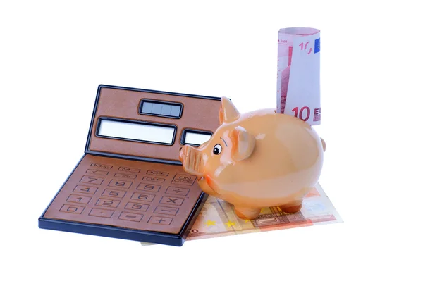 Piggy bank, calculator and euro currency — Stock Photo, Image