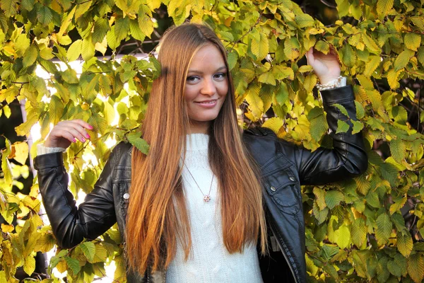 Vrouw meisje portret in herfst groen blad muur — Stockfoto