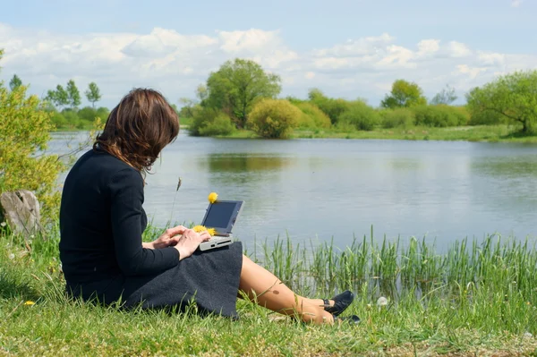 Mulher digitando em um laptop fora em um prado — Fotografia de Stock