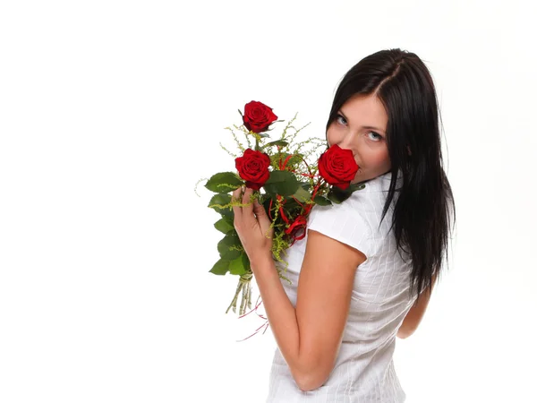 Mooi jong meisje poseren met een rode roos vrouw geïsoleerd — Stockfoto