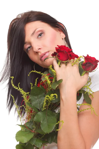 Closeup retrato de atraente jovem segurando uma rosa vermelha — Fotografia de Stock