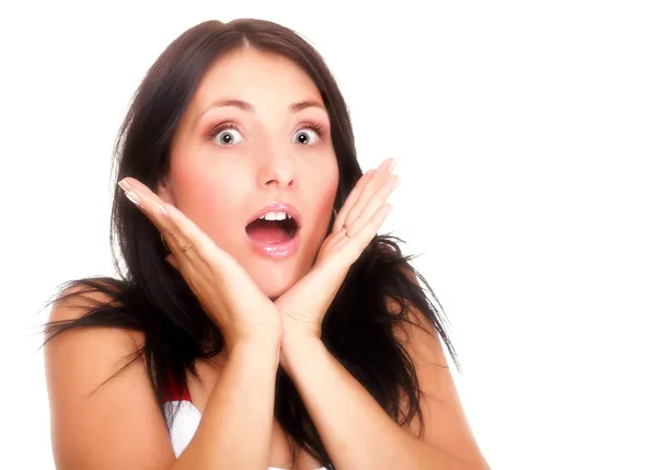 Bright picture of pretty woman astonished with hands over mouth — Stock Photo, Image