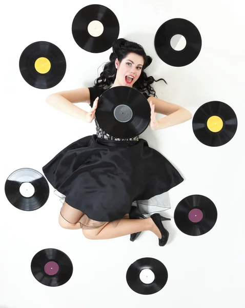 Pin-up girl style retro woman analogue record — Stock Photo, Image