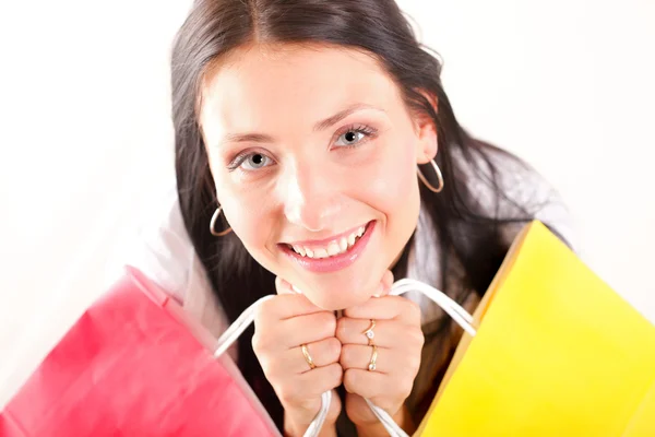 Beautiful shopping woman happy holding bags Royalty Free Stock Photos