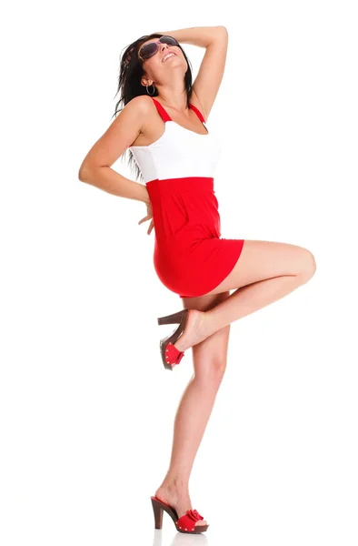 Happy surprised woman in red dress Isolated on — Stock Photo, Image