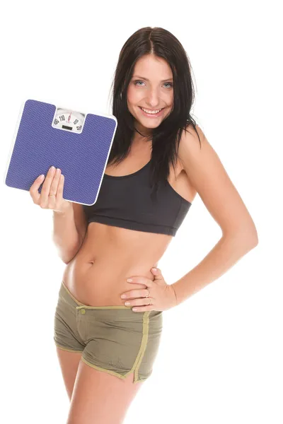 Weight loss woman on scale happy — Stock Photo, Image