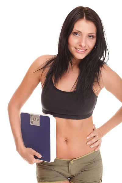 Weight loss woman on scale happy — Stock Photo, Image