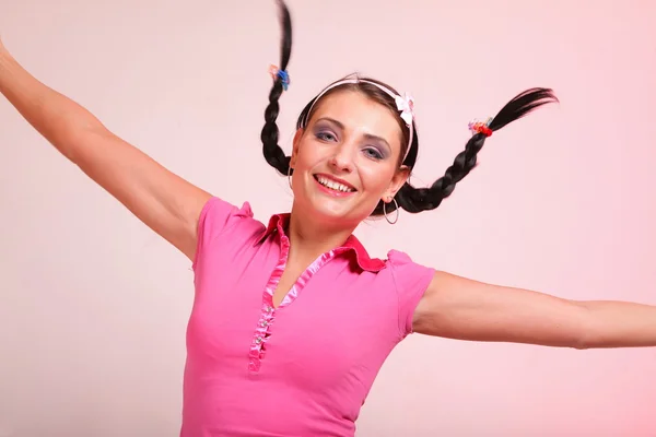 Obrázek překvapen žena vlasy v pigtail — Stock fotografie