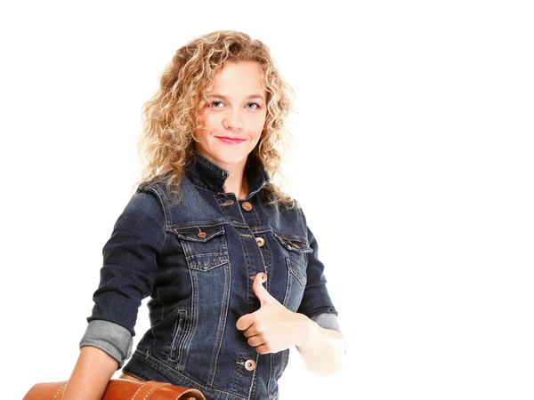 Schöne junge Frau Blondine in Jeans isoliert — Stockfoto