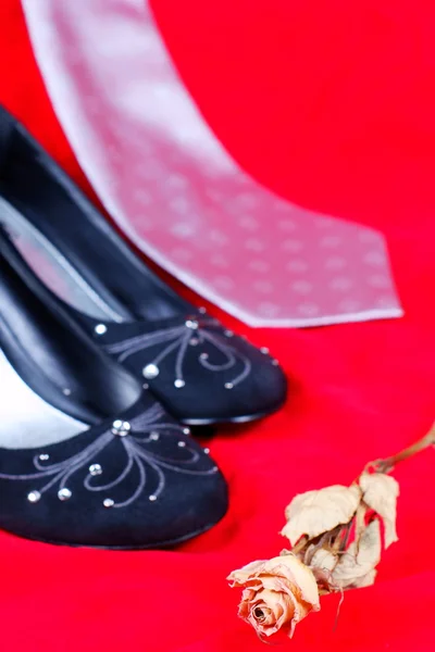 Svarta kvinnliga skor, rose och halsduk på röd bakgrund — Stockfoto