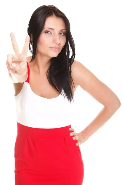 Brunette girl smile shows you peace sign isolated — Stock Photo, Image